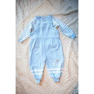Vintage 90s Baby Boy Overalls, Light Blue Knit Football Baseball, Toddler 24 Mo